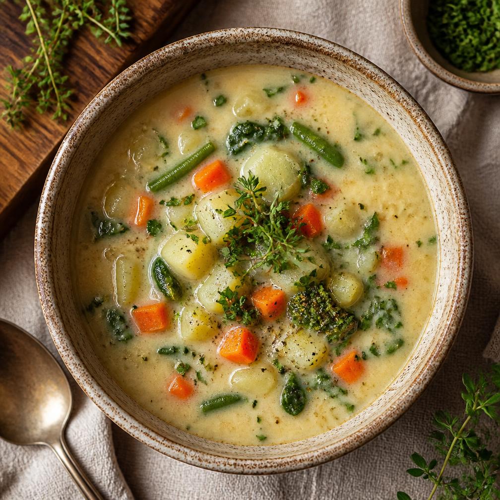 Sopa artesanal cremosa de legumes com ervas frescas